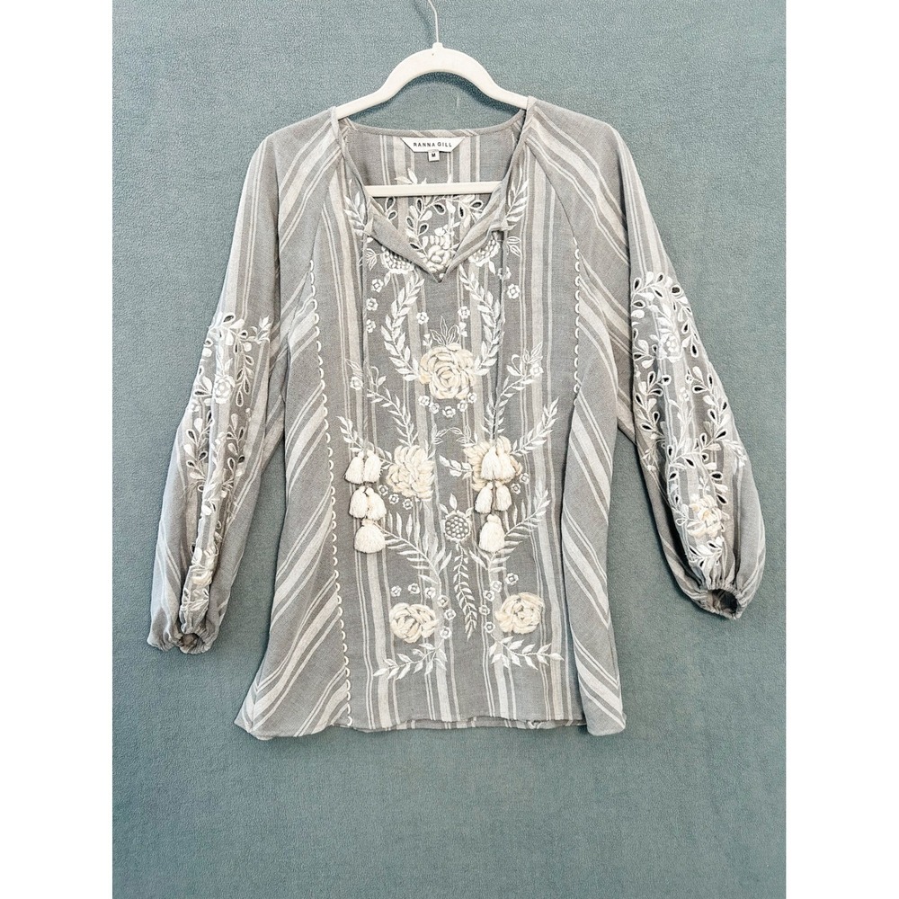 Ranna Gill Grey Striped Floral Embroidered Tassel Eyelet Blouse Womens Medium